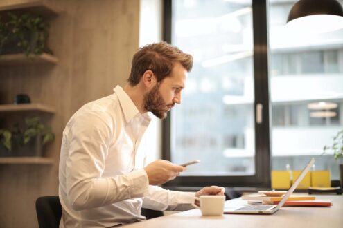 Man learning on his mobile device